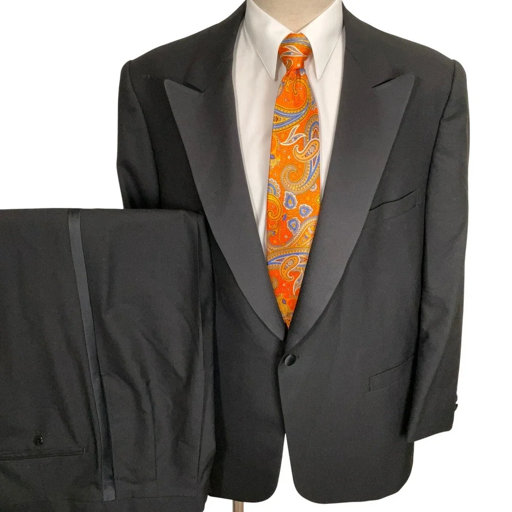 Brooks Brothers Suit Mens 45R Black Tuxedo Peak Satin Formal Wedding USA VTG USA